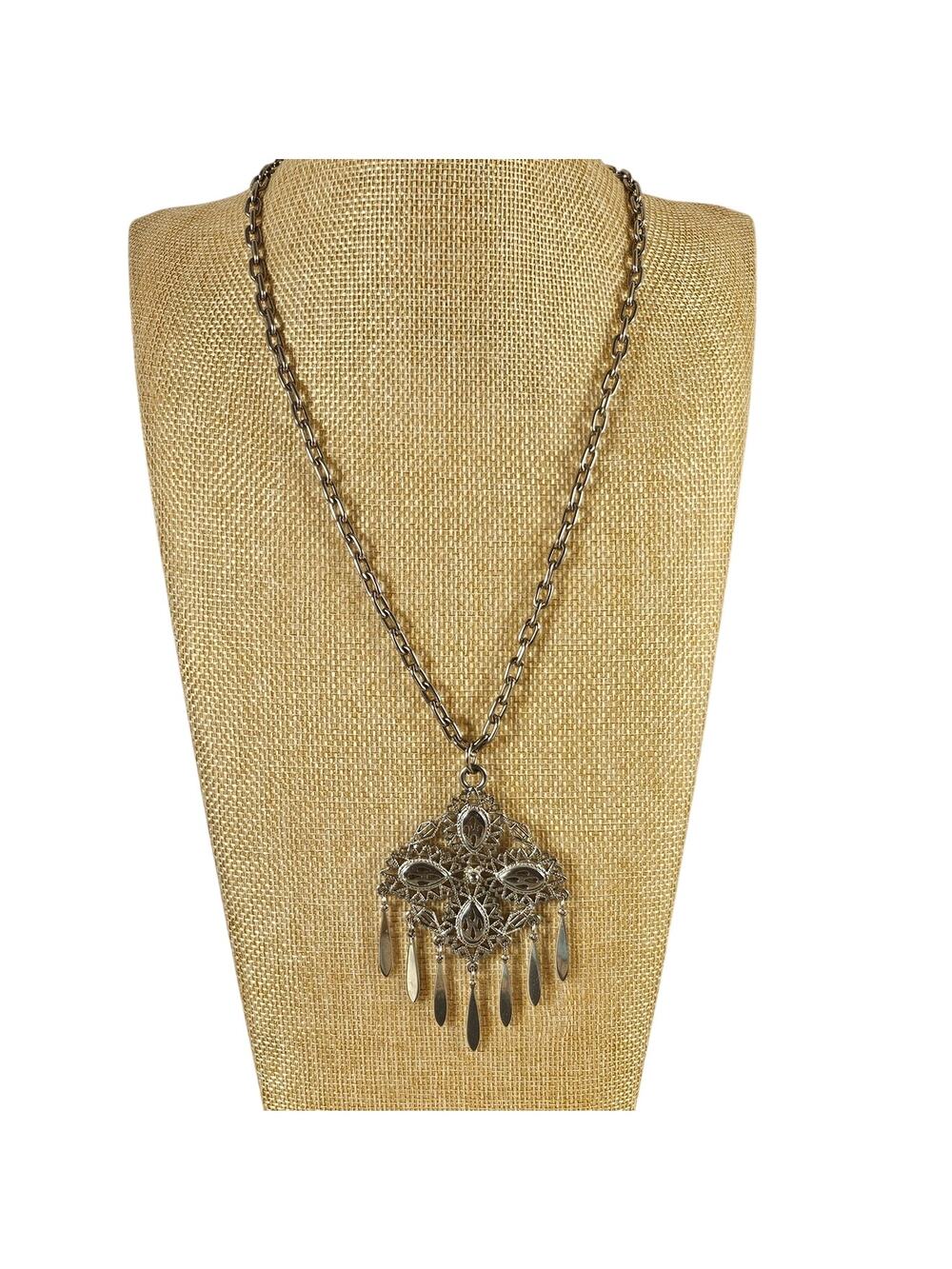 Vintage Silver Tone Filigree Pendant Necklace Fringe Dangle Boho Statement 24”